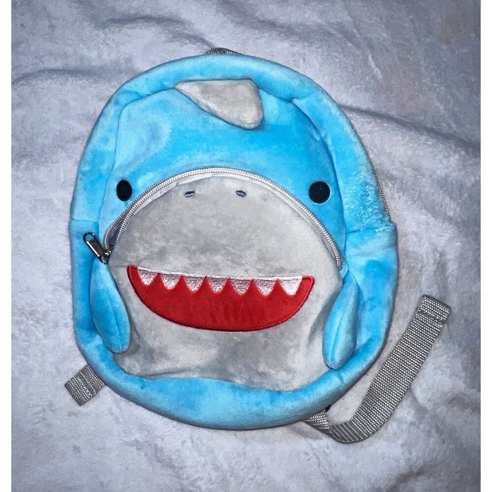 Kids Mini Plush Shark Backpack Blue Gray Red Zip, Adjustable Straps
